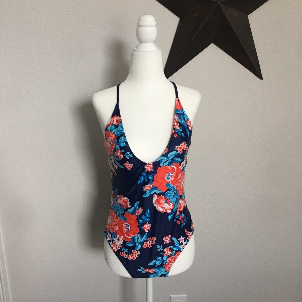 Plunge Floral Cross-back Swim One Piece